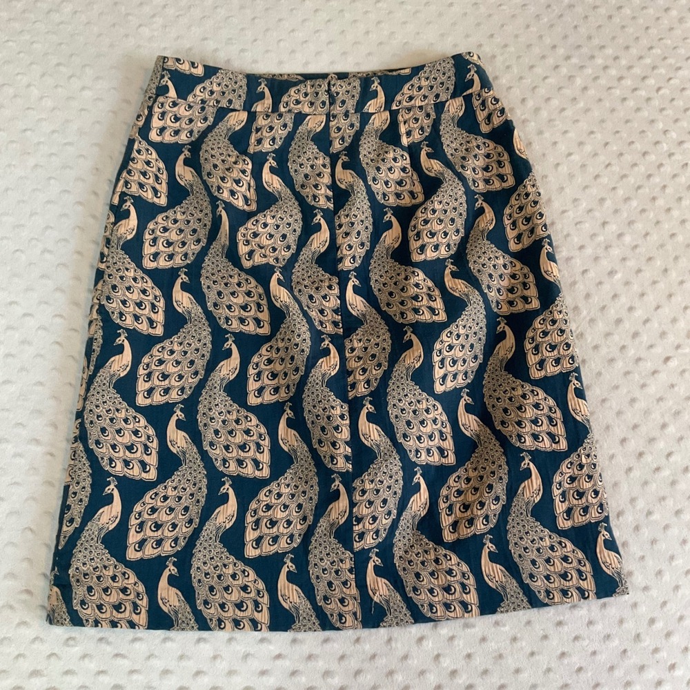 Ann Taylor Pencil Skirt Womens 6 Teal Blue Peacock Print Jacquard Cotton Blend - Picture 6 of 7